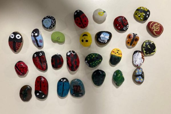 A collection of painted stones arranged on a table. Some are painted to look like ladybirds, butterflies and emojis among other creative designs.