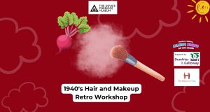 Graphic of a make-up brush with some beetroot and the words "1940s Hair and Makeup Retro Workshop."