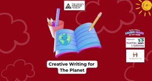 A graphic of a notebook and pencil with the words "Creative Writing for the Planet."
