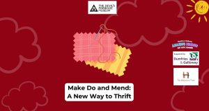 A graphic of some sew on patches with the words "Make Do and Mend A New Way to Thrift."