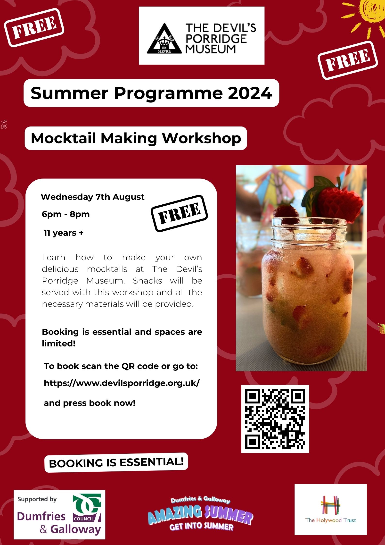 Poster for a Mocktail Making workshop at The Devil's Porridge Museum on Wednesday 7th August 2024.