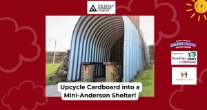 The Anderson Shelter and the words "Upcycle Cardboard into a Mini-Anderson Shelter!"