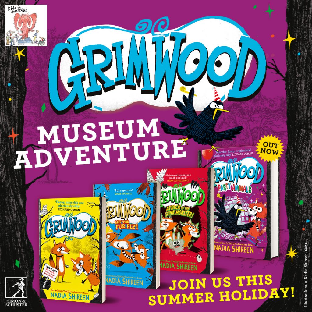A poster for Grimwood Museum Adventure with four of the books from the series and Kids in Museum's logo.