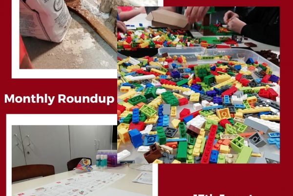 A collage of three photos including some baking equipment, some Lego and some Nintendo themed craft activities. There is some text, which reads Monthly Roundup 17th June to 14th July 2024.